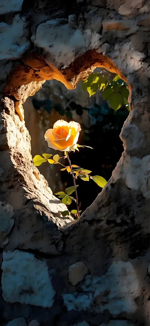 爱心石洞手机壁纸｜石墙背景图 - 黄色玫瑰「哲风壁纸」