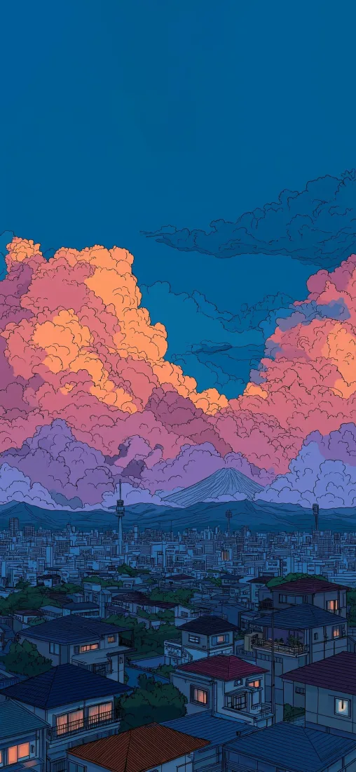 城市房屋粉云手机壁纸｜城市背景图 - 蓝空插画「哲风壁纸」