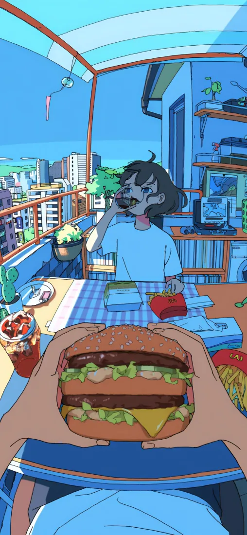 卡通女孩手机壁纸｜夏日阳台背景图 - 汉堡清凉夏天「哲风壁纸」