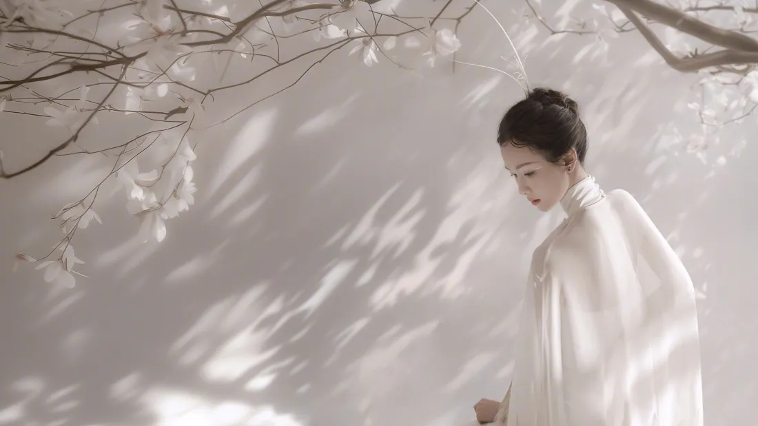 3k陈都灵壁纸｜古风背景图片 - 白色古装 树枝光影「哲风壁纸」