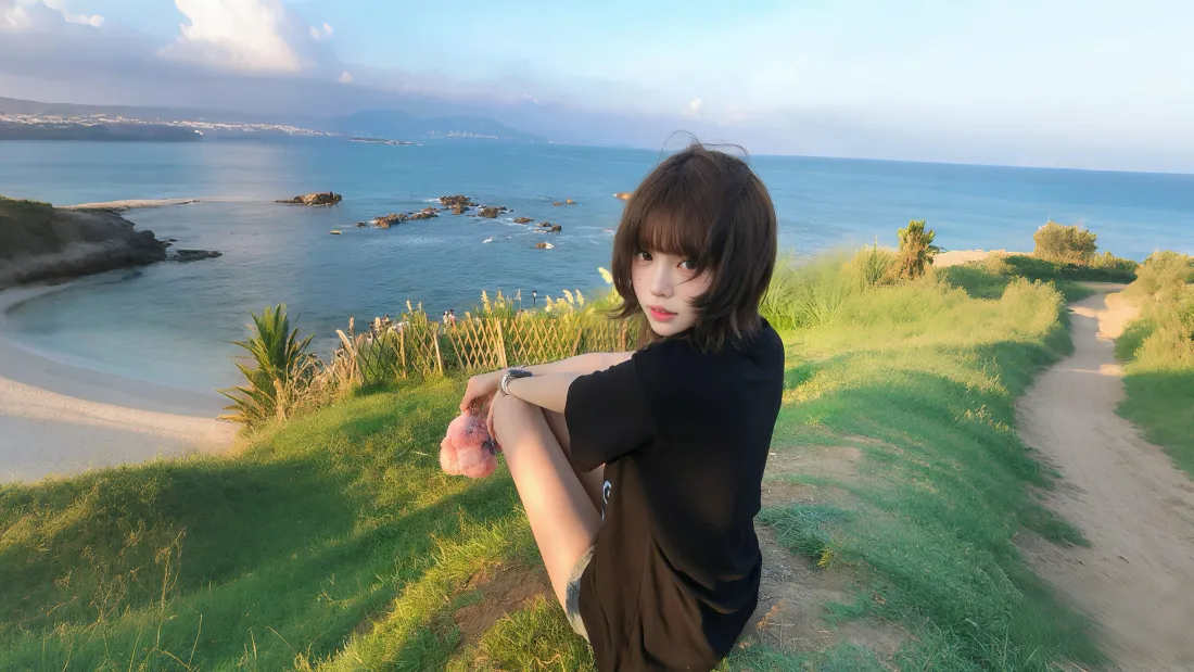 4k短发美女壁纸｜海边背景图片 - 草地沙滩礁石「哲风壁纸」