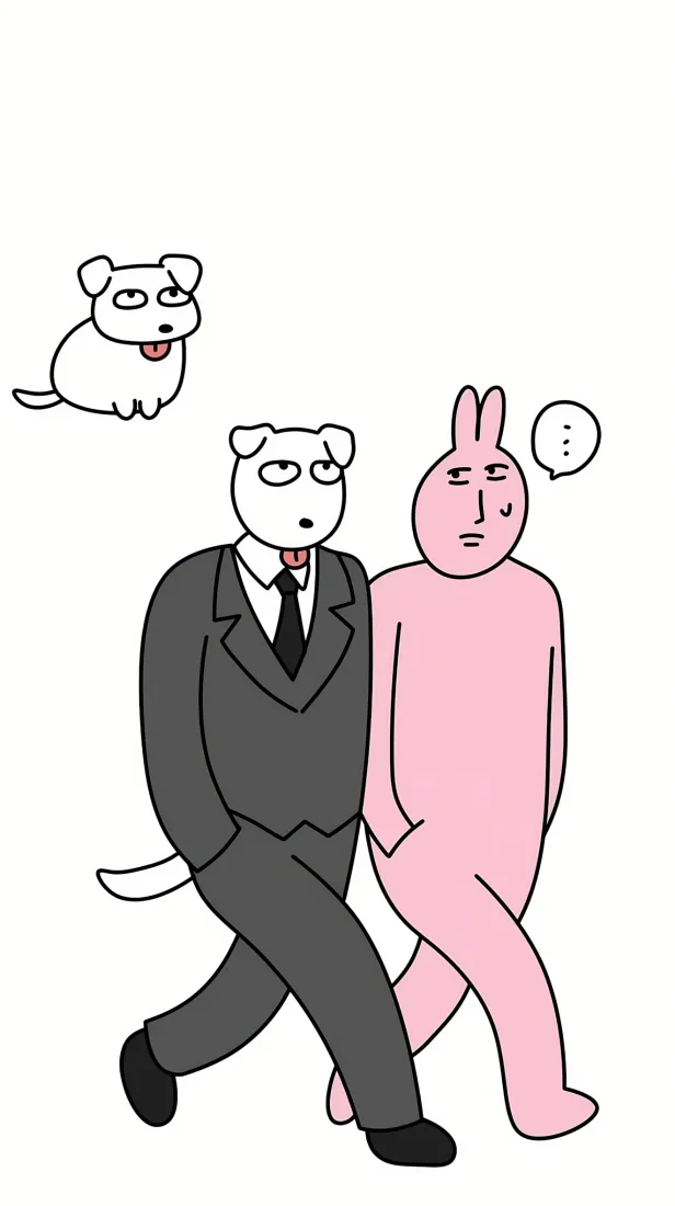 粉红兔西装狗手机壁纸｜卡通形象背景图片 - 简约手绘「哲风壁纸」