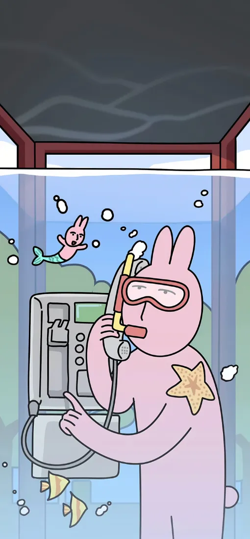 粉红兔手机壁纸｜游泳电话亭背景 - 水下卡通场景「哲风壁纸」