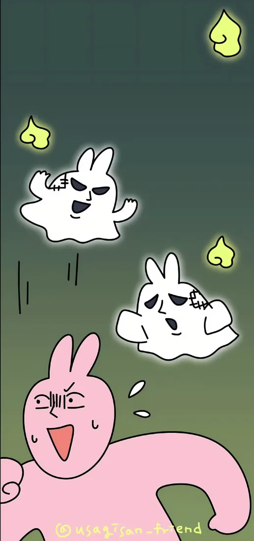 粉红兔手机壁纸｜绿色背景图片 - 恶鬼兔搞笑场景「哲风壁纸」