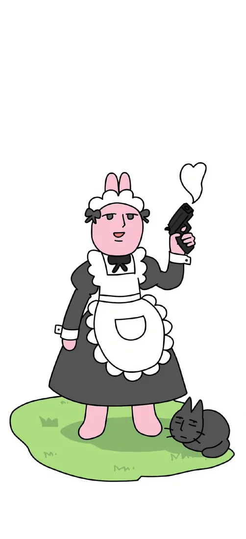 粉红兔女仆装手机壁纸｜持枪黑兔背景 - 草地「哲风壁纸」