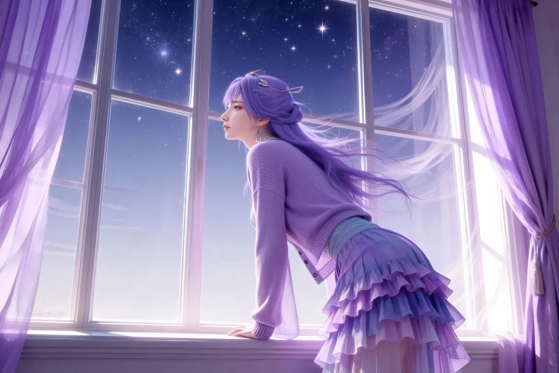 4k紫发少女壁纸｜紫色窗帘背景图片 - 星空「哲风壁纸」