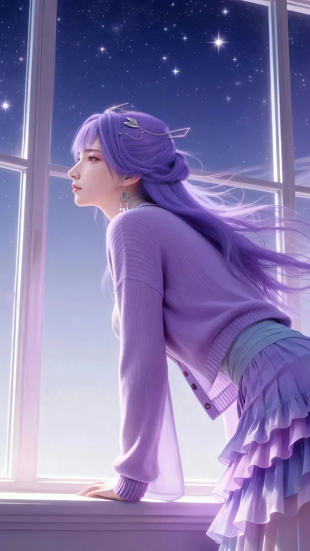 紫发少女手机壁纸｜星空窗台背景图片 - 动漫美女「哲风壁纸」
