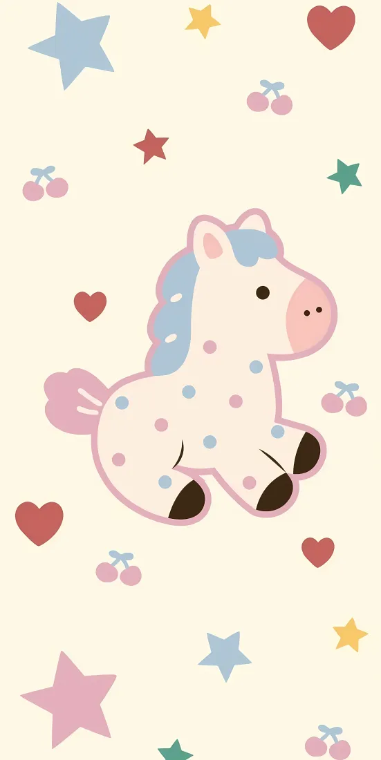 粉色小马卡通手机壁纸｜米黄背景图 - 星星爱心樱桃装饰「哲风壁纸」