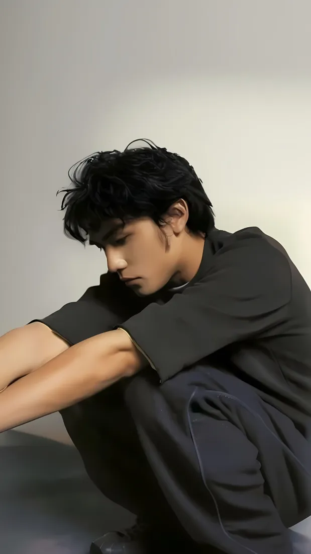 周杰伦手机壁纸｜简约背景图片 - 黑色穿搭蹲坐「哲风壁纸」