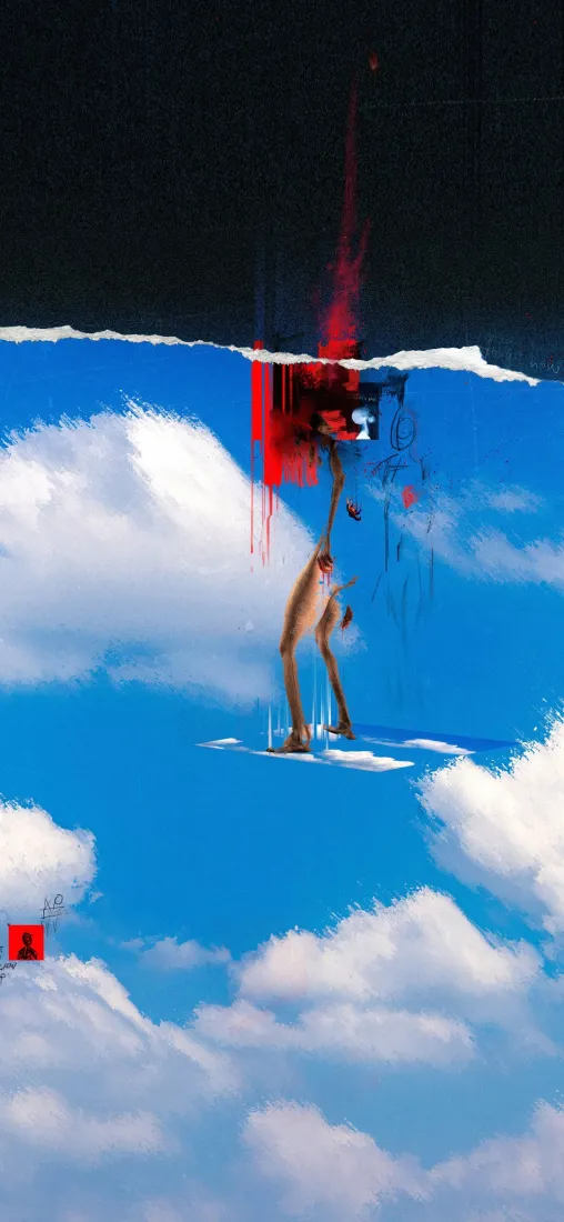 抽象艺术手机壁纸｜蓝天背景图片 - 倒悬人物红色云朵「哲风壁纸」