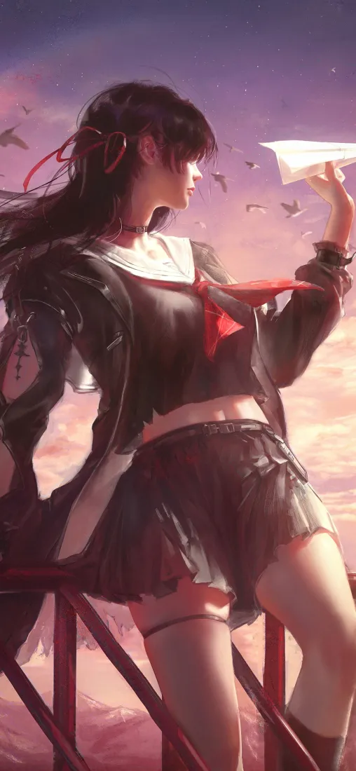 千咲手机壁纸｜鸣潮背景图 - 水手服纸飞机黄昏「哲风壁纸」