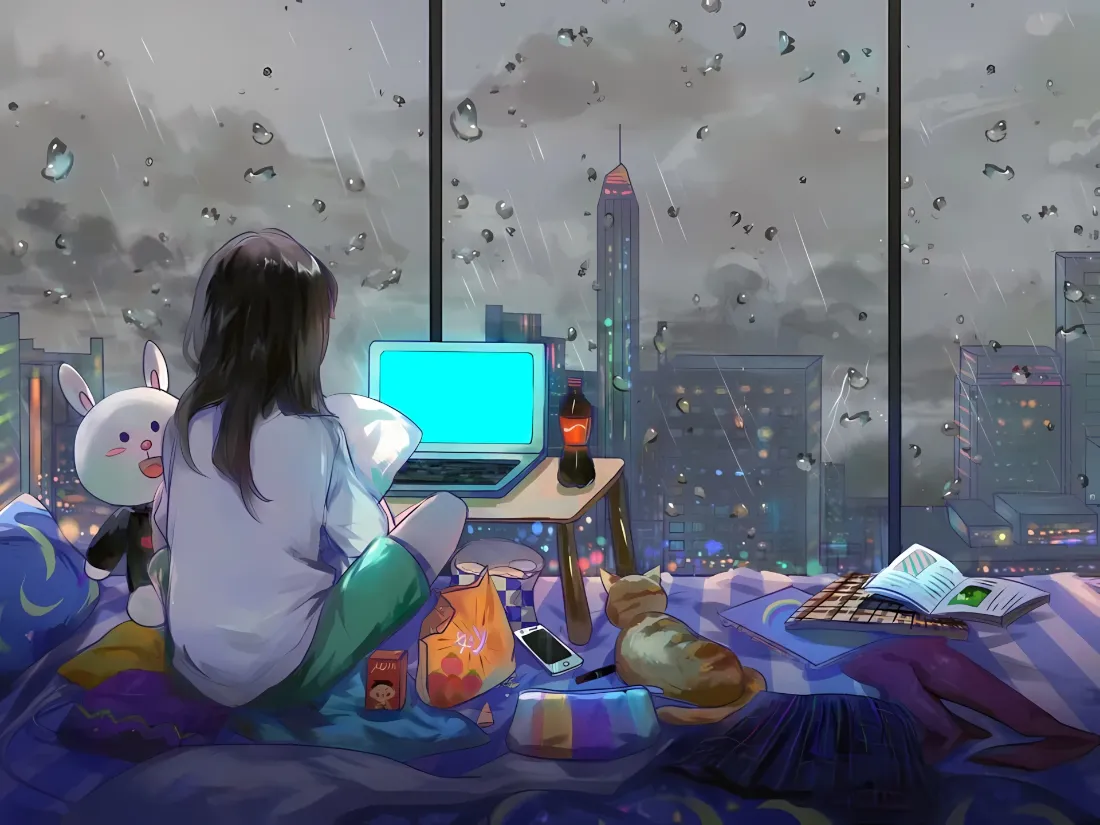 2k居家女孩壁纸｜雨夜城市背景图片 - 宅家放松「哲风壁纸」