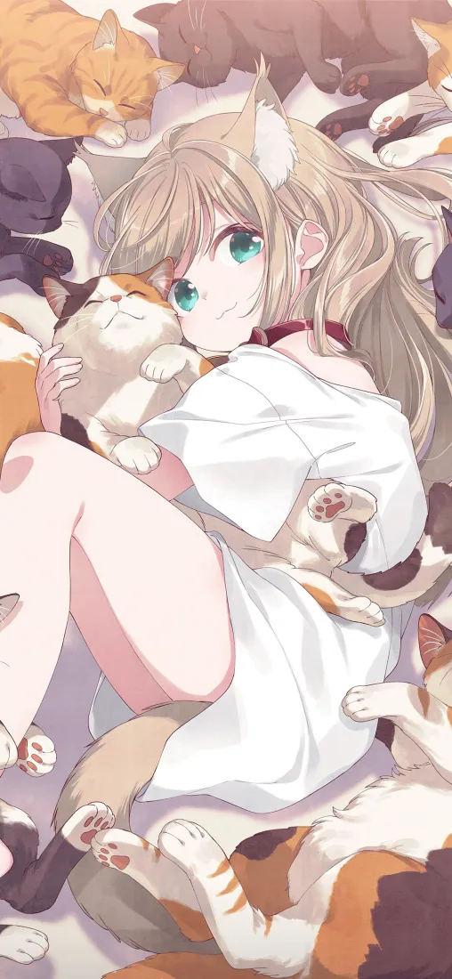 黄豆粉手机壁纸｜猫耳少女背景图片 - 猫咪簇拥「哲风壁纸」