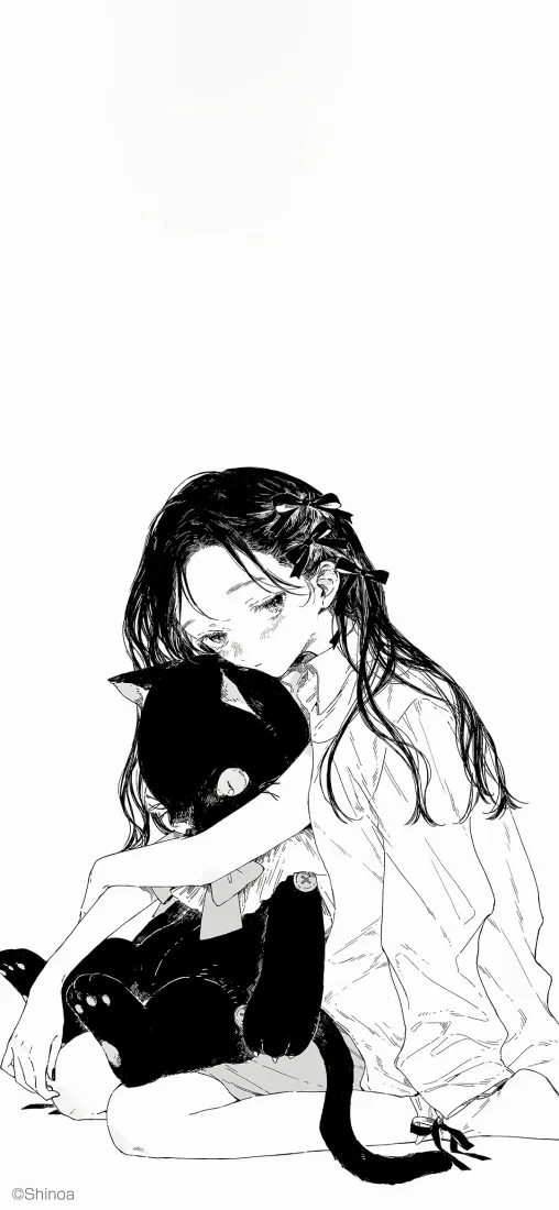 二次元女孩抱玩偶手机壁纸｜黑白插画背景图片 - 长发少女「哲风壁纸」