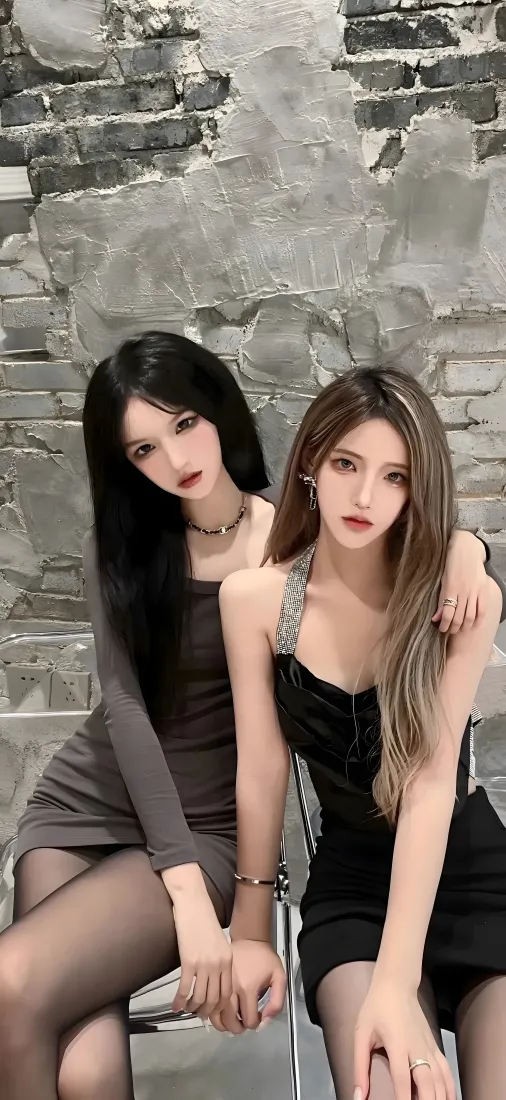姐妹花手机壁纸｜砖墙背景 - 性感黑丝双倍快乐「哲风壁纸」