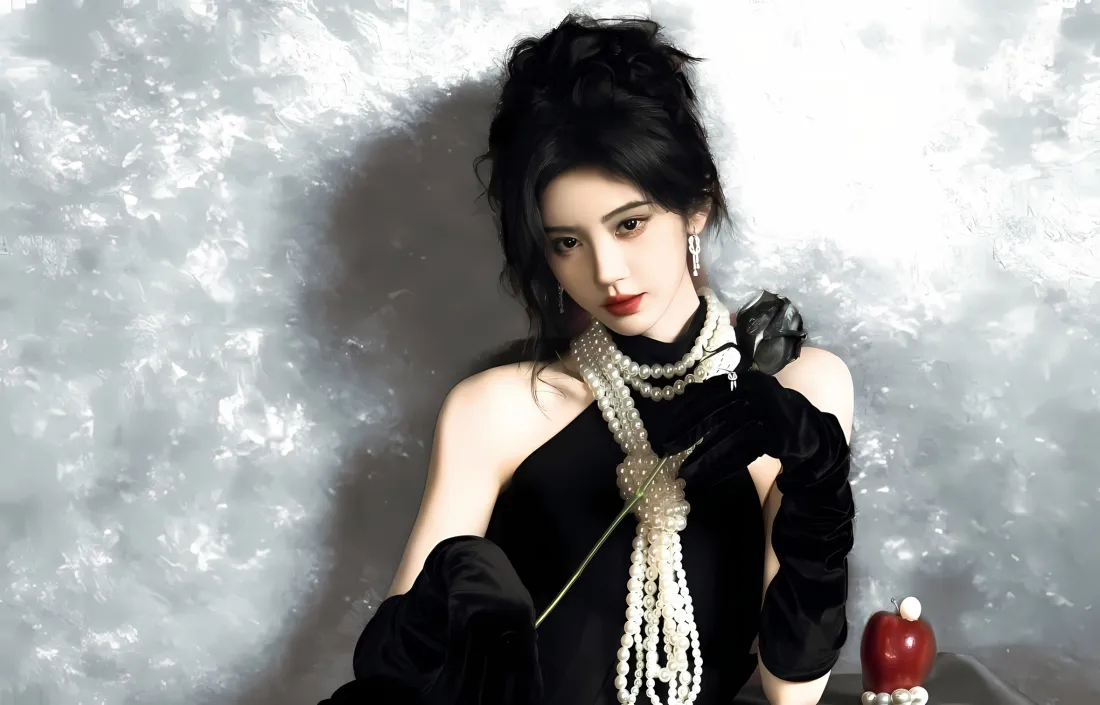 2k鞠婧祎壁纸｜灰色背景图片 - 黑玫瑰珍珠项链「哲风壁纸」