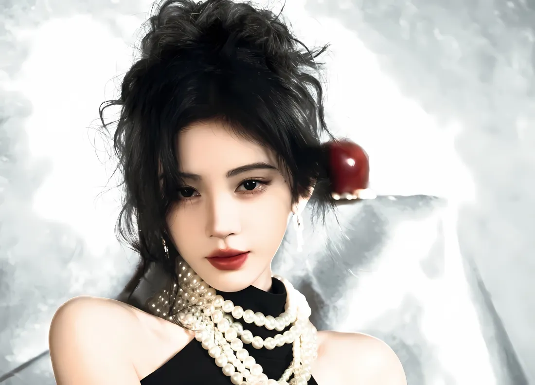 2k鞠婧祎壁纸｜珍珠项链背景图片 - 红唇黑卷发造型「哲风壁纸」