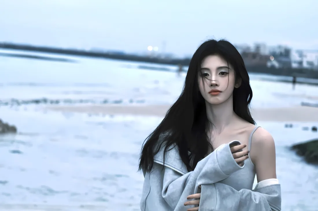 2k鞠婧祎壁纸｜海边背景图片 - 灰色吊带长发海景「哲风壁纸」