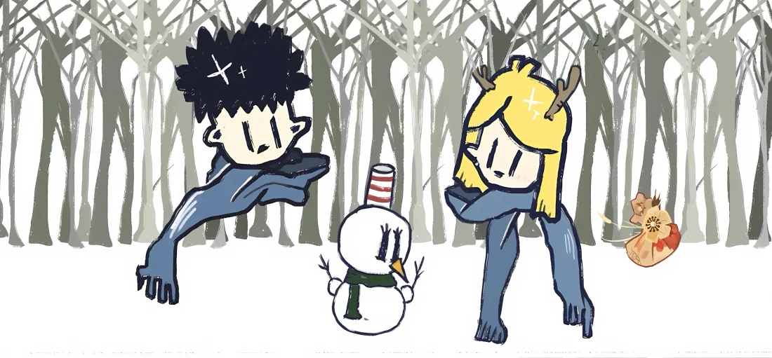 3k手绘情侣堆雪人壁纸｜雪地树林背景图片 - 卡通人物「哲风壁纸」