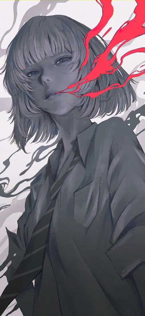 短发动漫少女手机壁纸｜黑白背景图片 - 红色火焰简约「哲风壁纸」