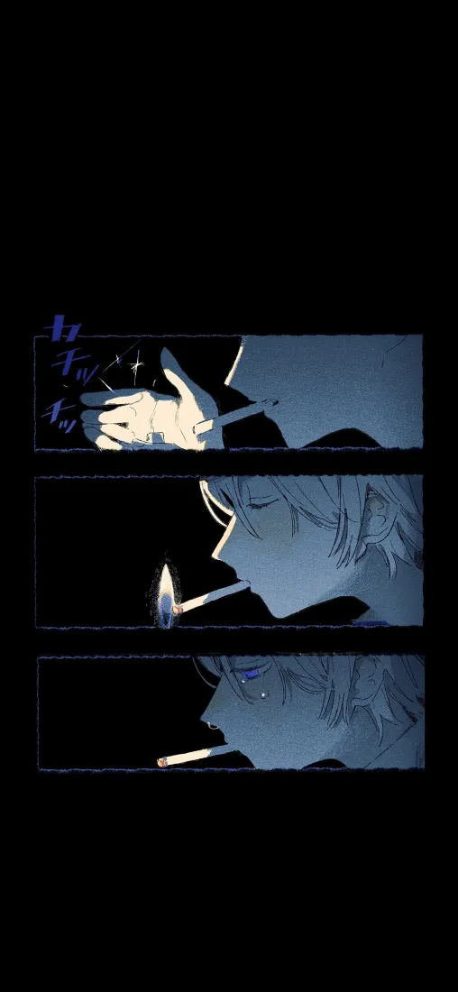 动漫分镜手机壁纸｜暗蓝背景 - 简约吸烟角色「哲风壁纸」