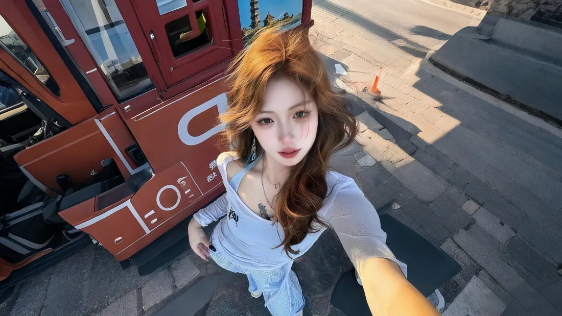 3k女孩户外自拍壁纸｜红色建筑背景 - 时尚穿搭「哲风壁纸」