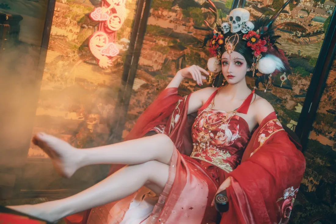 年兽除夕手机壁纸｜古风背景图片 - 红衣古装女子「哲风壁纸」