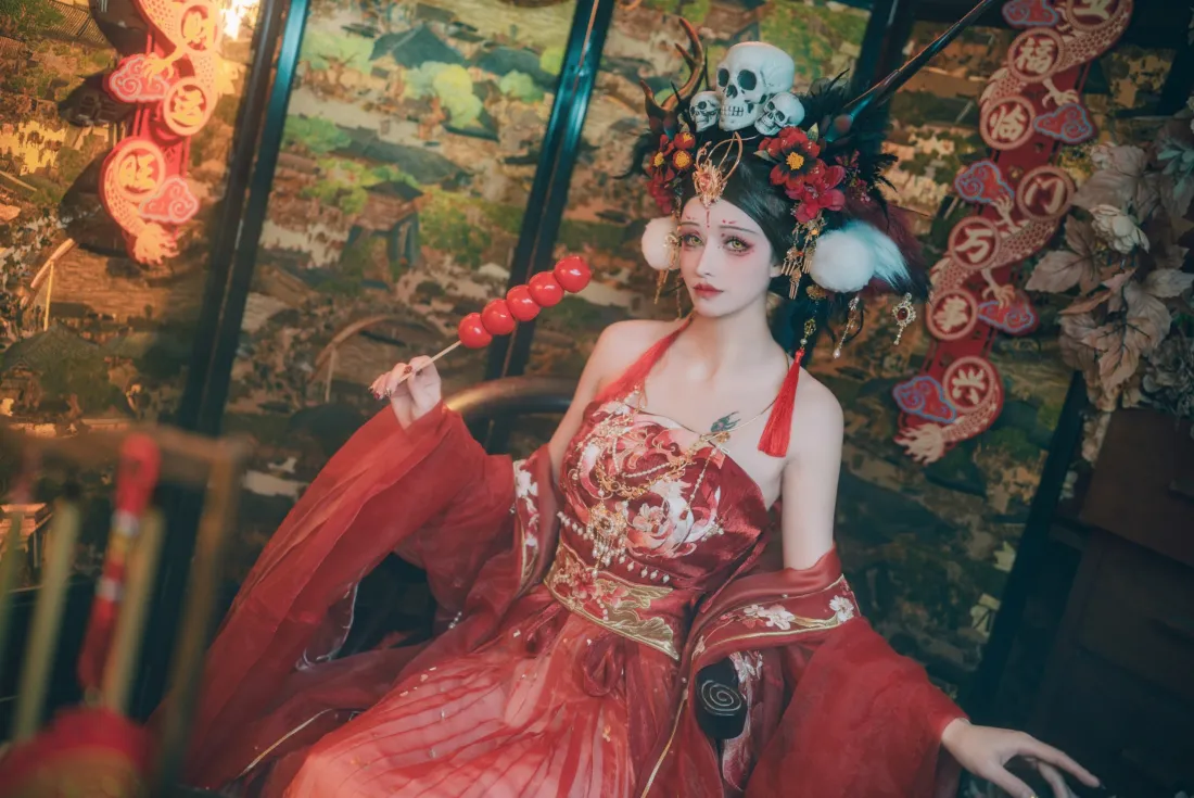 古风美女手机壁纸｜红色汉服背景图 - 除夕年兽「哲风壁纸」