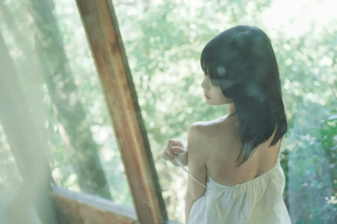 白衣女孩手机壁纸｜窗边背景 - 阳光树林玻璃「哲风壁纸」