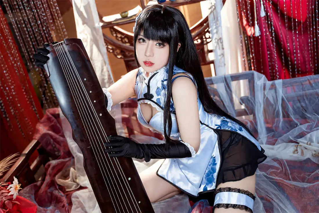 古风美女手机壁纸｜古琴背景 - 旗袍黑丝cosplay「哲风壁纸」