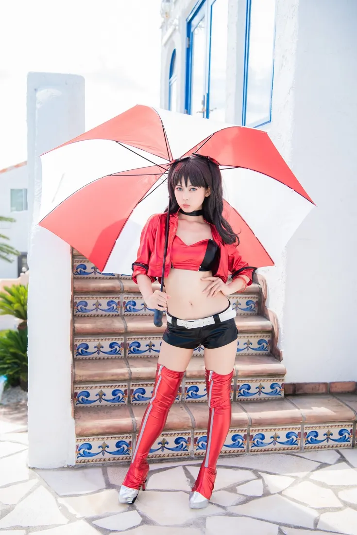 红衣美女手机壁纸｜红白雨伞背景 - 户外楼梯场景「哲风壁纸」
