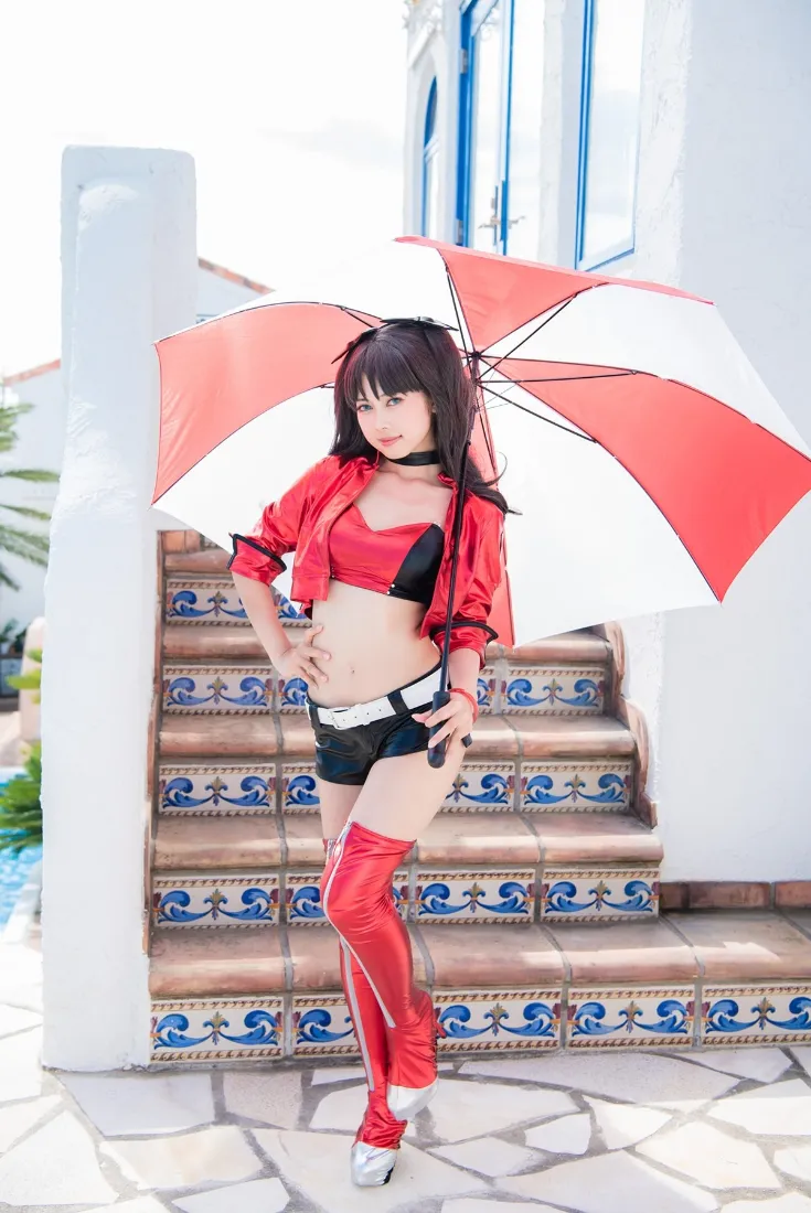 红衣女孩手机壁纸｜户外楼梯背景 - 红色雨伞「哲风壁纸」