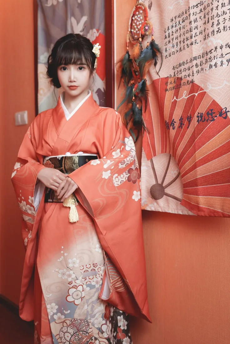 和服美女手机壁纸｜日式背景图 - 樱花扇子书法「哲风壁纸」