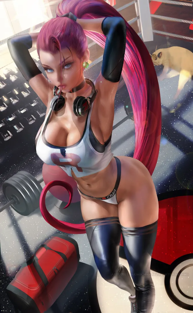 粉色长发美女手机壁纸｜健身场景背景 - 宝可梦精灵球「哲风壁纸」