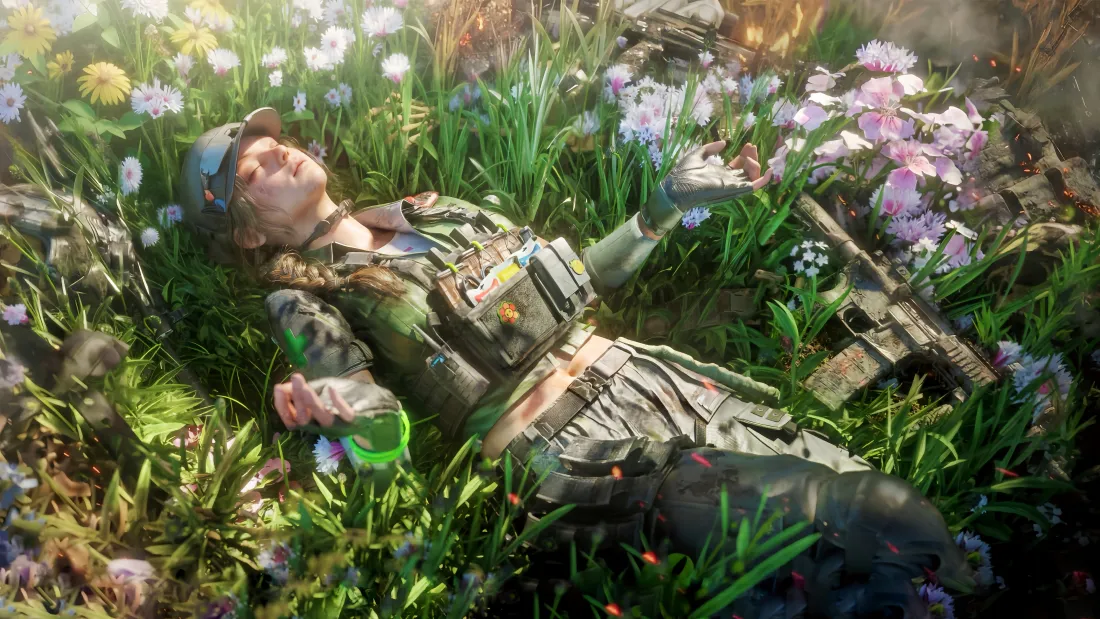 4k三角洲行动壁纸｜草地花丛背景图片 - 游戏角色躺卧「哲风壁纸」
