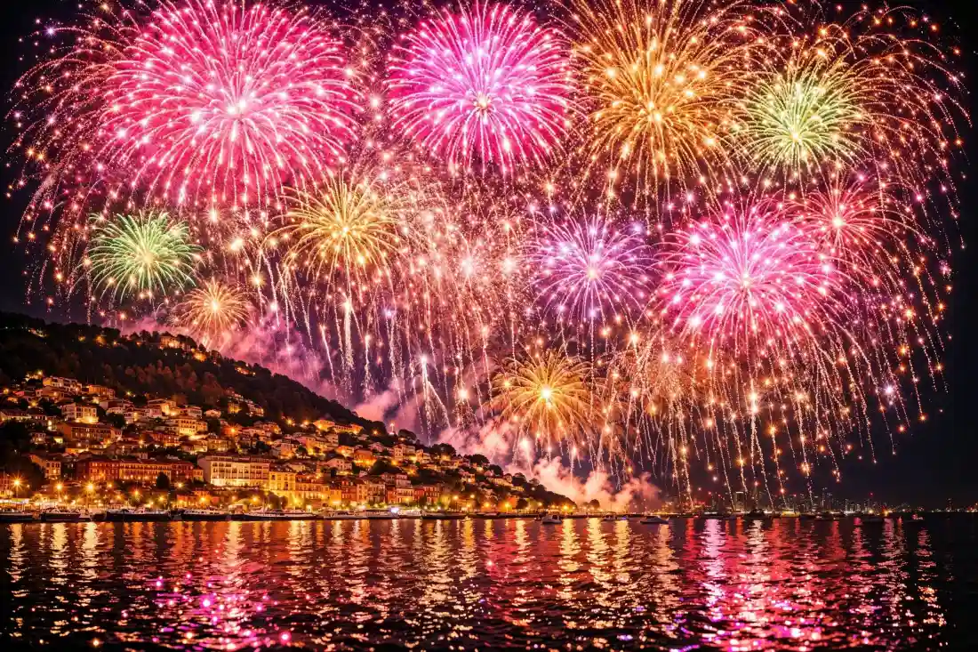 3k烟花壁纸｜城市夜景背景图片 - 海滨山城烟火「哲风壁纸」