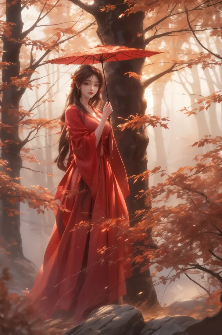 火灵儿古风手机壁纸｜秋日红枫林背景 - 红衣红伞「哲风壁纸」