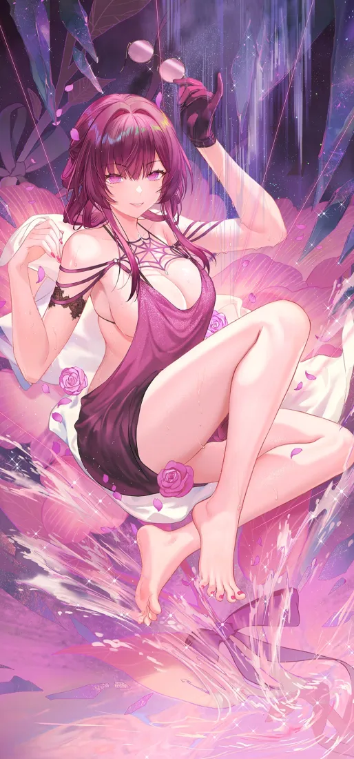 紫发美少女手机壁纸｜粉色水晶背景 - 二次元性感「哲风壁纸」