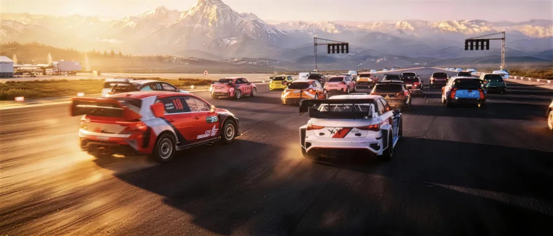 5k飞驰人生3壁纸｜赛车赛道背景图片 - 夕阳雪山车队竞速「哲风壁纸」