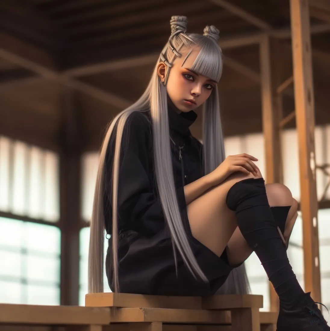 银发双髻少女手机壁纸｜黑色穿搭背景 - 室内场景「哲风壁纸」