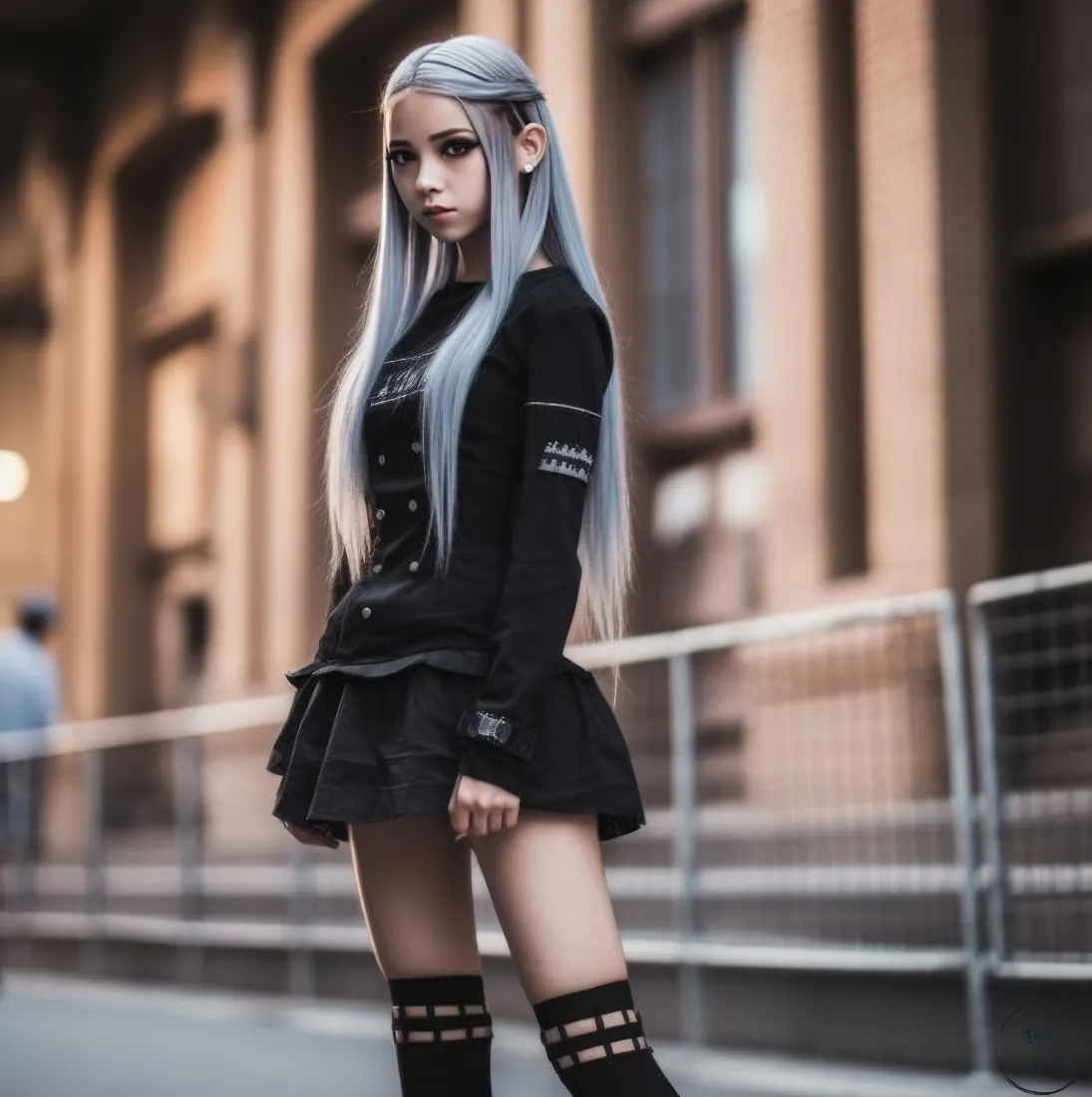 银发女孩手机壁纸｜复古街景 - 黑色连衣裙过膝袜「哲风壁纸」