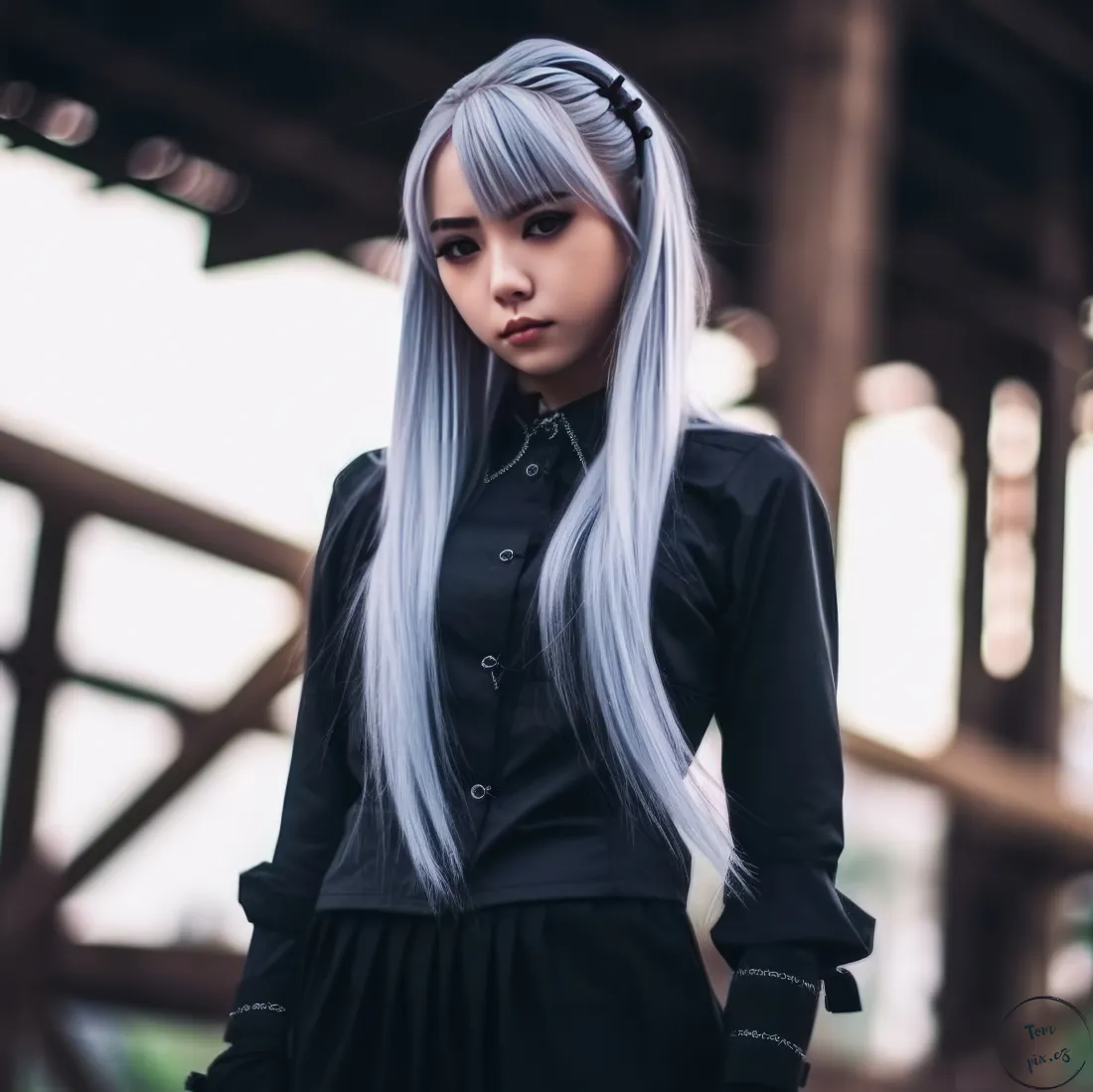 3k银灰长发少女壁纸｜户外木质背景图片 - 黑色穿搭「哲风壁纸」