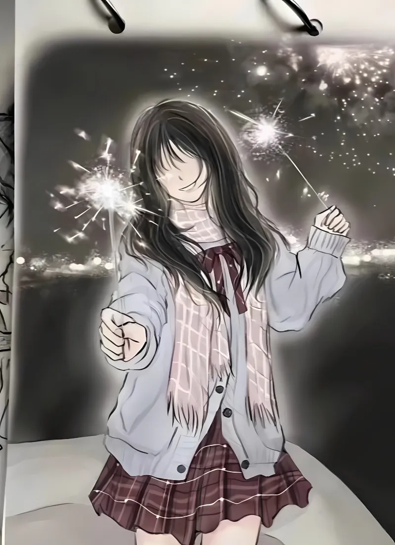 JK少女手机壁纸｜烟花背景图片 - 彩铅画手绘「哲风壁纸」