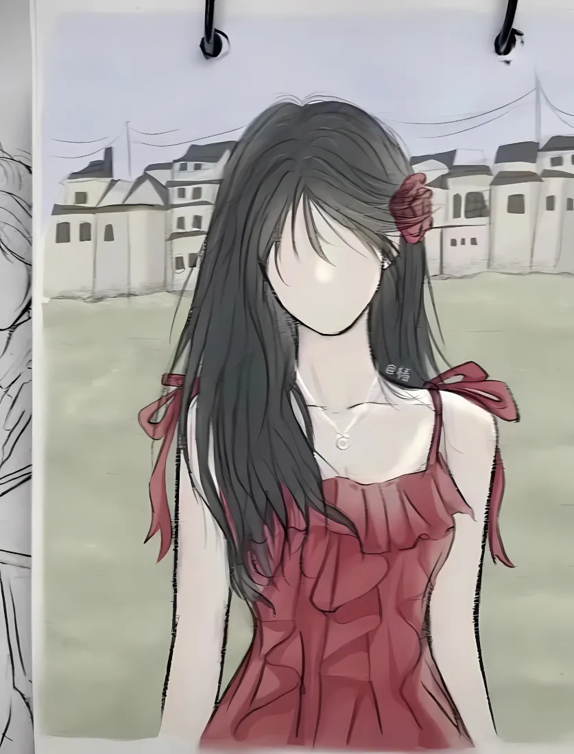 红裙女孩手机壁纸｜彩铅画背景 - 房屋草地「哲风壁纸」