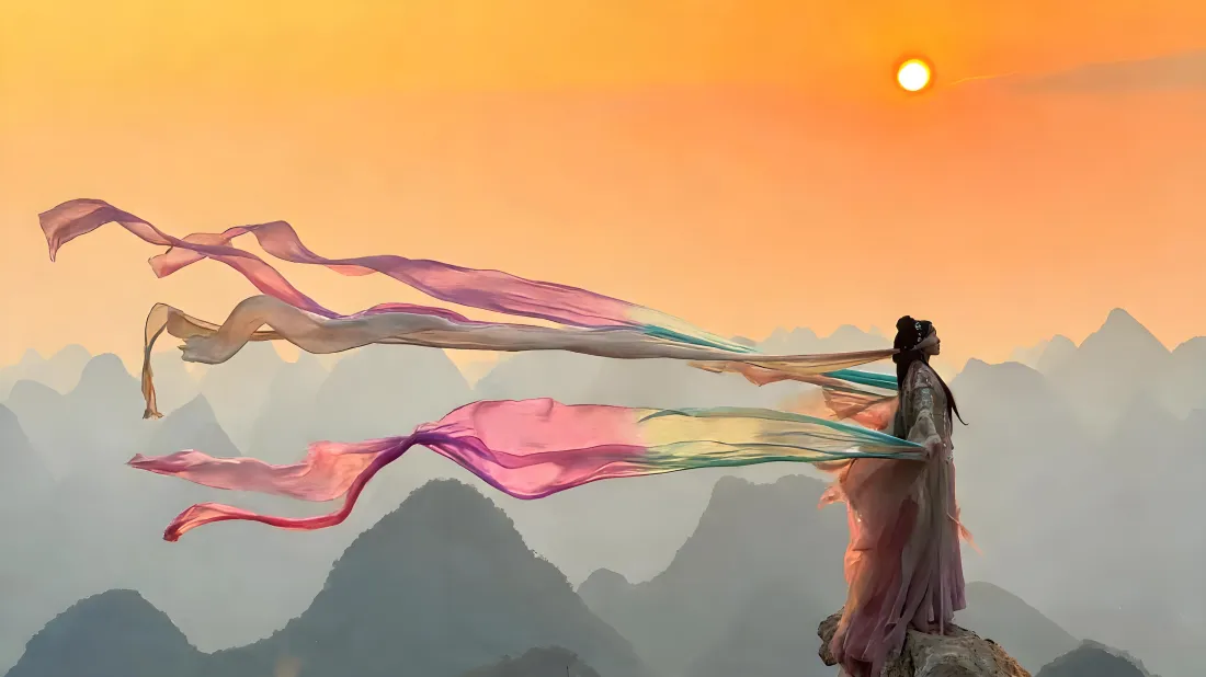 5k古风美女壁纸｜千里江山背景图片 - 落日飘带「哲风壁纸」