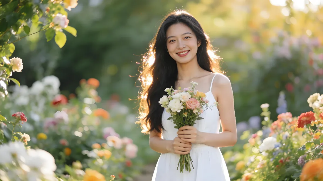 5k白衣少女壁纸｜花海背景图 - 阳光手捧花微笑「哲风壁纸」