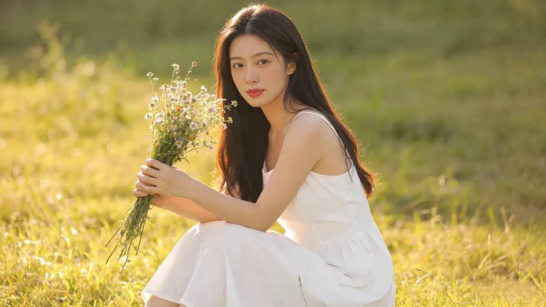 5k白衣少女壁纸｜草地背景图片 - 鲜花清新户外「哲风壁纸」
