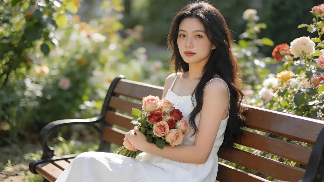 5k白衣少女壁纸｜花丛背景 - 鲜花美女「哲风壁纸」