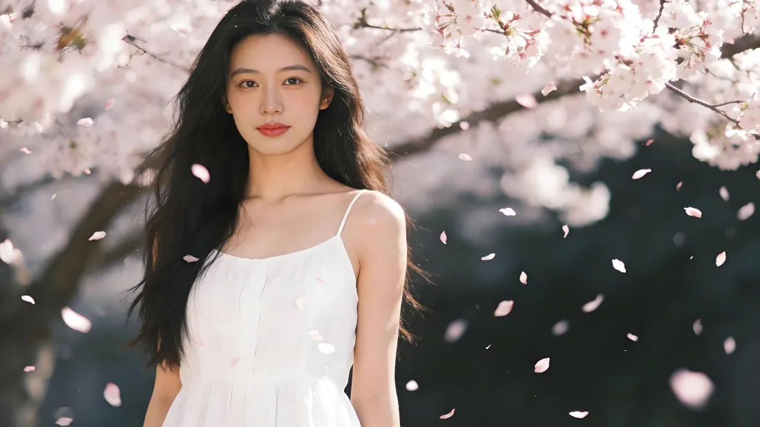 5k白衣美女壁纸｜樱花飘花背景图片 - 春日浪漫「哲风壁纸」