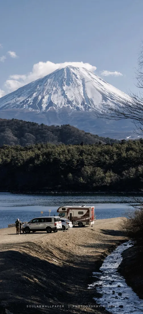 富士山湖边森林手机壁纸｜自然风景背景图片 - 雪山「哲风壁纸」